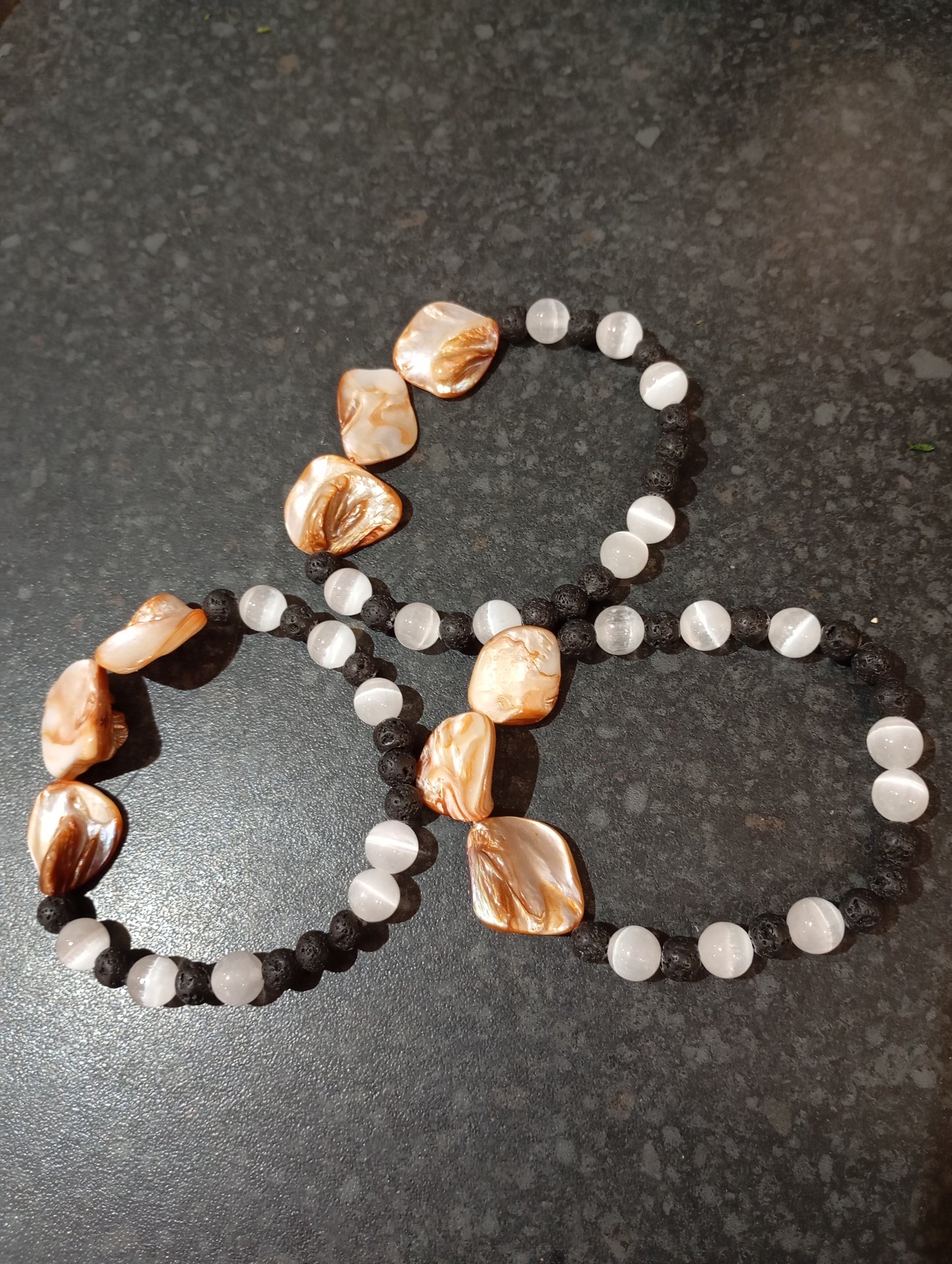 3 in one Mother of pearl , lava stone and selenite bracelet