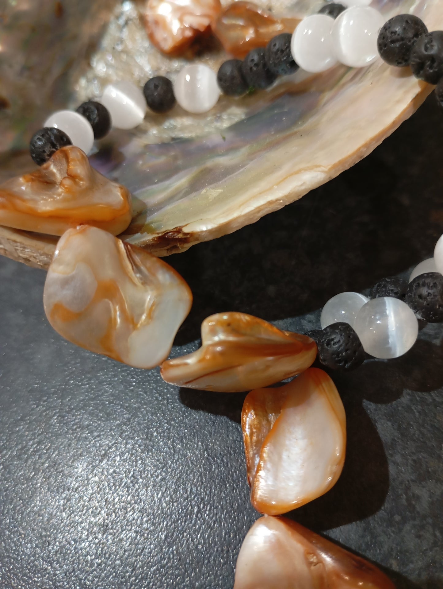 3 in one Mother of pearl , lava stone and selenite bracelet