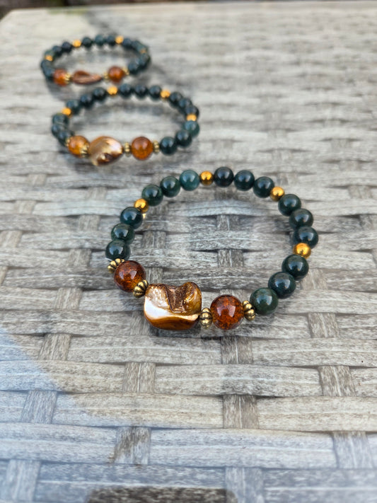 Mother of pearl, Moss Agate and gold hematite bracelets.