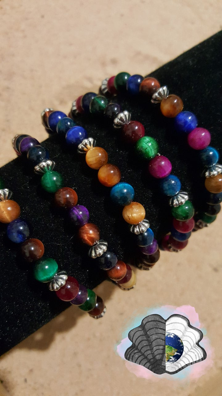 Rainbow Tigers Eye Bracelets and Shell chip resin necklace.