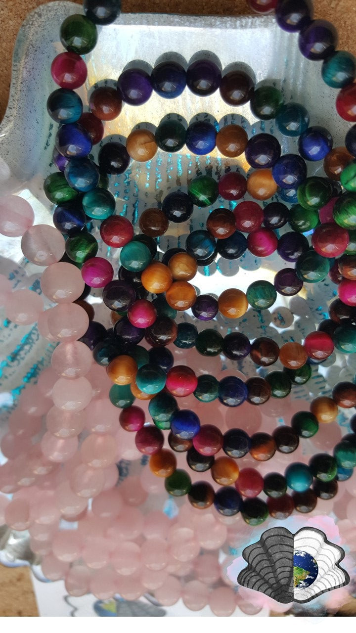 Rainbow Tigers Eye Bracelets and Shell chip resin necklace.