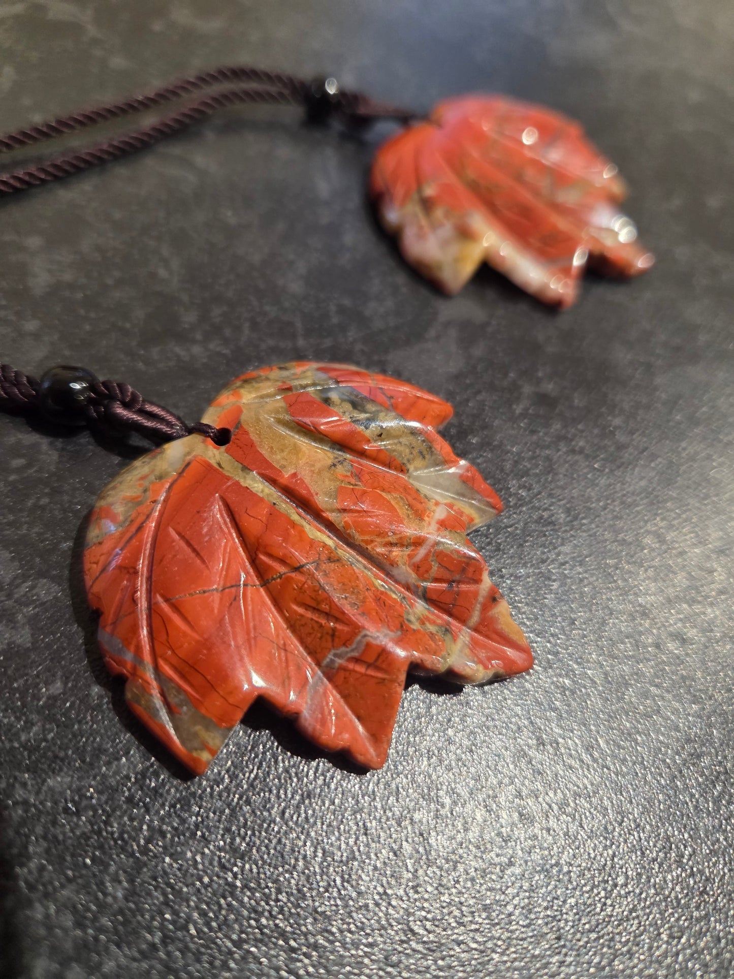 Red jasper leaf necklace.