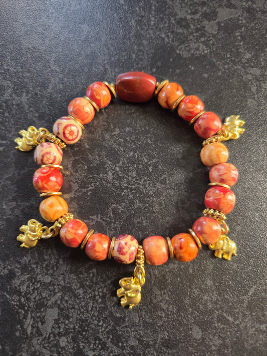Red jasper and wood, elephant charm bracelet