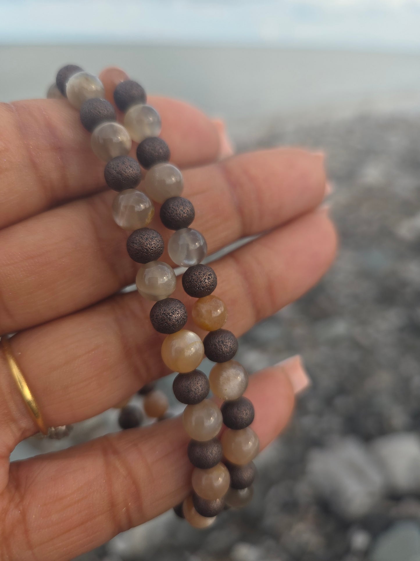 3 in 1 Grey and peach moonstone with red copper beads.