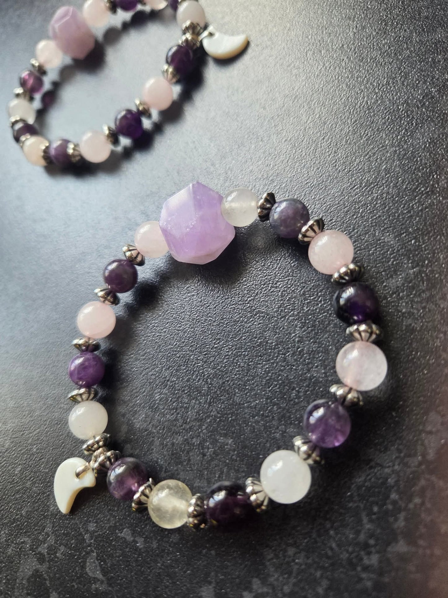 Amethyst, rose quartz and mother of pearl cresent moon🌙